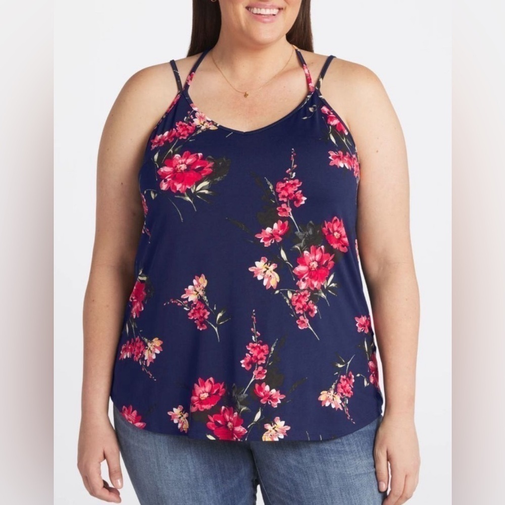 Papermoon Basima Back Detail Navy Floral Strappy Knit Tank Top Size 3X NWT